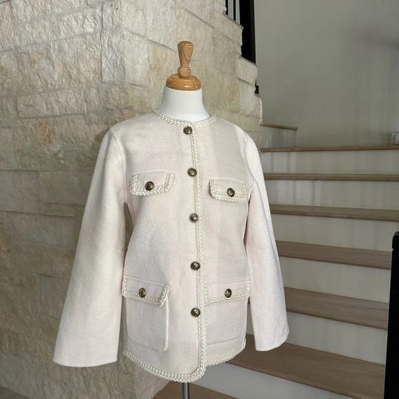 Sandro Cream Preppy Coat with Braided Trim - Picture 5 of 10